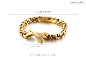 Detail view of gold stainless steel wrench and screwdriver bracelet with size specs