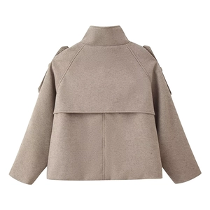 Back view of a khaki short wool coat with a stand collar and double-breasted design