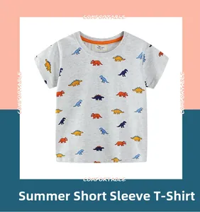 Detailed view of kids summer t-shirt with colorful cartoon dinosaur prints and round neck