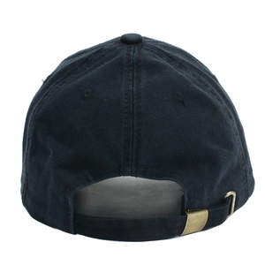 Rear view of vintage black cotton baseball cap with adjustable metal slider buckle