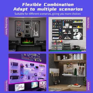 Modular black and white pegboard wall storage system for gaming room and office decor