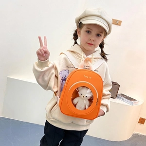 Kids Backpack With Transparent Window And Plush Bear Toy Lightweight Waterproof Kindergarten School Bag For Boys Girls