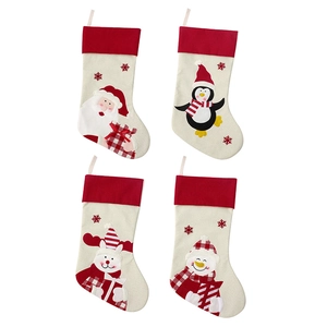 Set of four Christmas stockings with 3D Santa, Penguin, Reindeer, and Snowman appliques