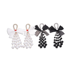 Elegant bow and faux pearl tassel earrings in black and white chiffon styles