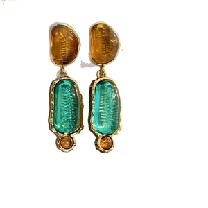 Vintage resin drop earrings with amber and teal stones in gold-plated settings