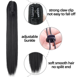Long straight black ponytail hairpiece with claw clip and adjustable buckle details