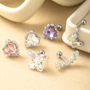 Surgical steel stud earrings set with crystal heart and butterfly designs for women