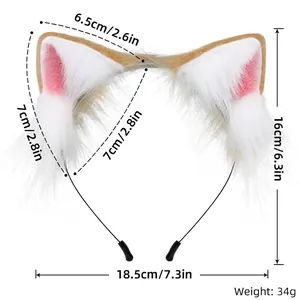 Faux fur cat ear headband in white and light brown for cosplay with dimensions