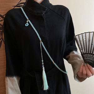 Pale blue beaded cross-body tassel necklace with jade-like beads for New Chinese style