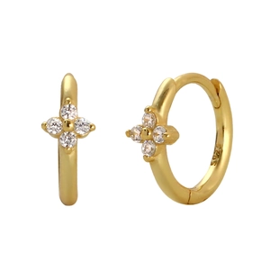 S925 sterling silver gold clover hoop earrings with sparkling zircon gemstones