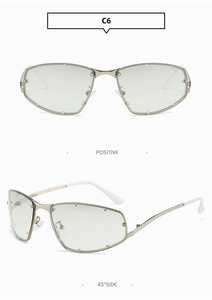 Macro view of silver metal square frame sunglasses with rhinestone accents and C6 model detail