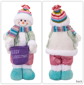 Front and back detail of a plush Christmas snowman doll in rainbow knit hat and scarf