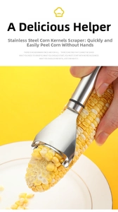 Macro shot of stainless steel corn peeler stripping kernels into a white bowl