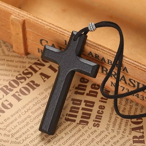 Vintage handmade double wood cross pendant necklace with black cord and silver bead