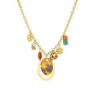 Boho chunky gold chain necklace with leopard resin and turquoise geometric pendants