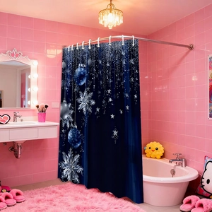 Rideau de douche bleu de Noël avec des flocons de neige argentés et étoiles et crochets