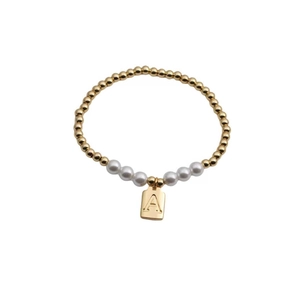 Initial Letter Bracelet Copper Beads White Faux Artificial Pearl Square Pendant Elastic Stretch Fashion Jewelry