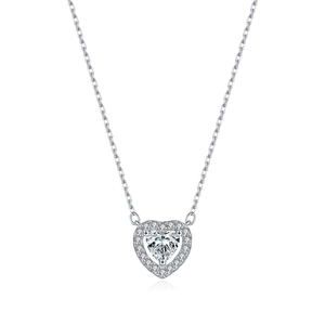Polished S925 sterling silver heart necklace with sparkling moissanite pendant on white
