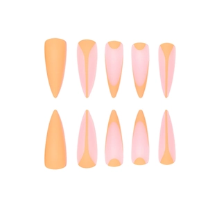Long almond-shaped fake nails with nude and pink French tip patchwork design