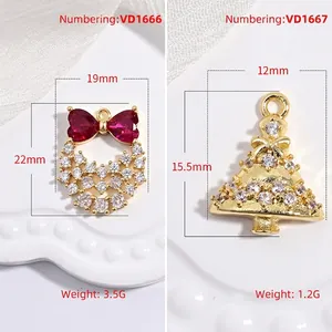 Christmas wreath and gold tree charms with zirconia and red heart bow accents