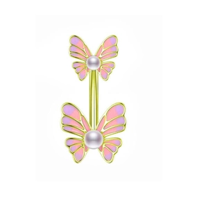 Close-up of gold butterfly belly ring with pink enamel wings and pearl center detail