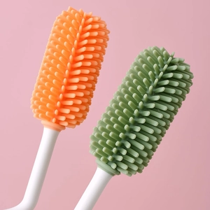 Silicone baby bottle cleaning brush set with long handles in orange and green colors