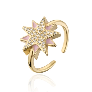 Detailed macro view of pink enamel starburst ring with cubic zirconia on a white base