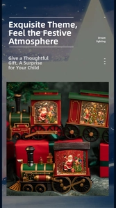 Close-up of lighted Santa Claus steam train music box with swirling glitter snow
