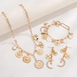 Bohemian Celestial Sun Moon Star Evil Eye Jewelry Women Alloy Gold Plated Rhinestone Vintage Necklace Bracelet Earrings