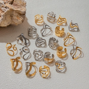 Minimalist geometric wavy open rings in gold and silver stainless steel finishes