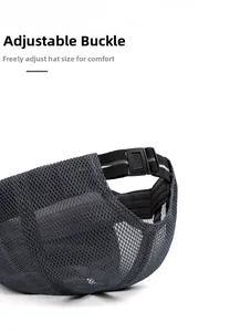 Close-up of adjustable buckle and breathable mesh fabric on dark grey baseball cap
