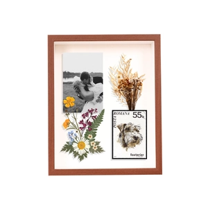 Retro wooden 3D shadow box frame with dried flowers and vintage wedding photo display