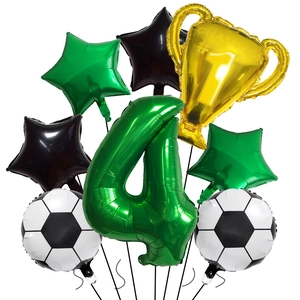 Macro view of 8pcs football birthday balloon set featuring a number 4 and champion trophy