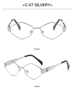 Macro view of silver geometric diamond-shaped metal frame sunglasses and hinge detail