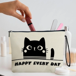 Cute Cartoon Cat Print Canvas Makeup Bag With Zipper And Wristlet Strap Portable Cosmetic Pouch For Travel Daily Use