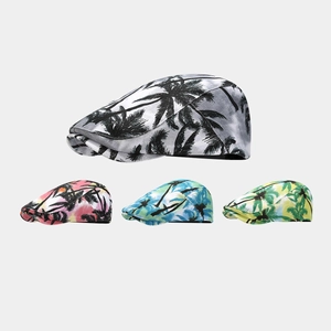 Tropical Palm Tree Print Flat Cap Cotton Retro American Ivy Hat Breathable Sun Protection For Summer Outdoor Vacation