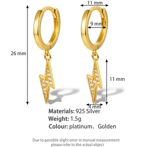 S925 sterling silver lightning bolt hoop earrings with sparkling cubic zirconia inlay