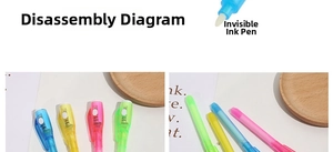 Detail of four colorful invisible ink pens with UV light caps and white fiber tips