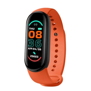 Smart fitness tracker with orange silicone band displaying time and step count features