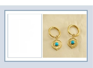 Detail showing 30x15mm round turquoise drop earrings in 18K gold plated titanium steel