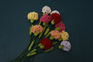 Detailed view of handmade crochet carnations in vibrant mixed colors on a dark background