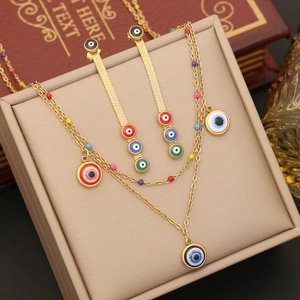 Evil Eye Stainless Steel Double Layer Necklace Colorful Beads Enamel Pendant Bracelet Long Tassel Earrings For Women