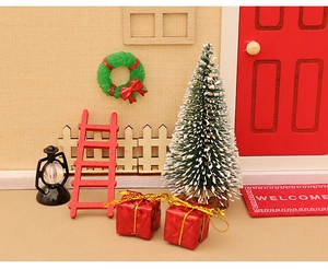 Miniature Christmas set with red door, snowy trees, ladder and welcome mat for dollhouses