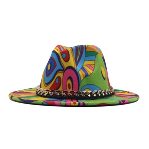 Detail view of colorful abstract graffiti fedora hat with a bold golden chain band