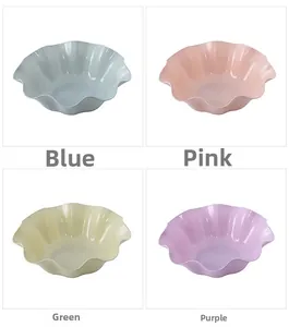 Detail of ruffle-edged plastic fruit bowls in pastel blue, pink, green and purple