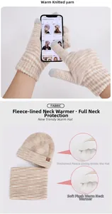 Winter striped knitted set showing touchscreen gloves, fleece hat and neck warmer detail
