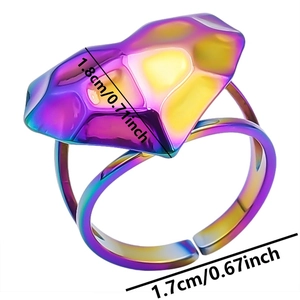 Detail view of rainbow heart ring with dimensions 1.8cm width and 1.7cm adjustable diameter