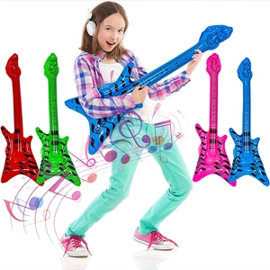 Girl holding blue inflatable guitar toy with musical notes in four color options