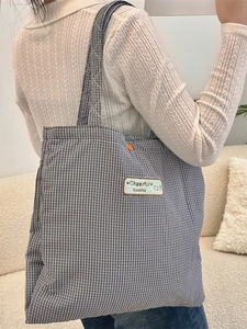 Blue and white checkered canvas tote bag with Cheerful Sozakka embroidery for daily use