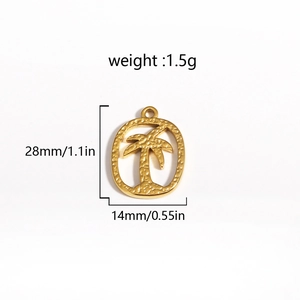 Golden oval coconut tree pendant dimensions showing 28mm height and 1.5g weight detail